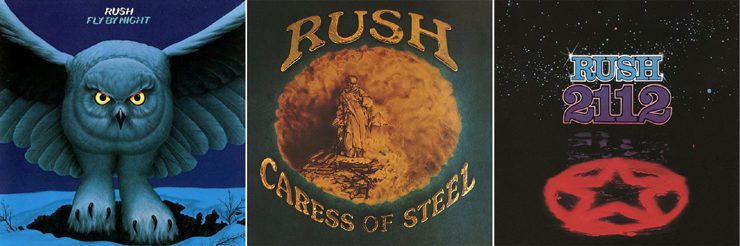 Album covers for Fly By Night, Caress of Steel, and 2112 by Rush