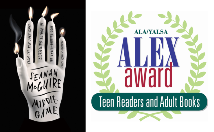 Seanan McGuire's Middlegame and the Alex Award logo