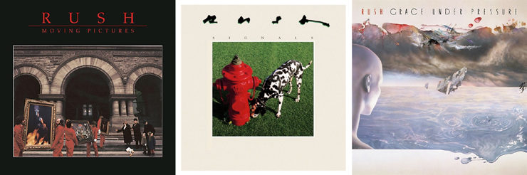 Album covers for Moving Pictures, Signals, and Grace Under Pressure by Rush