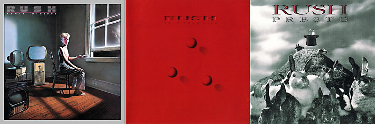 Album covers for Power Windows, Hold Your Fire, and Presto by Rush