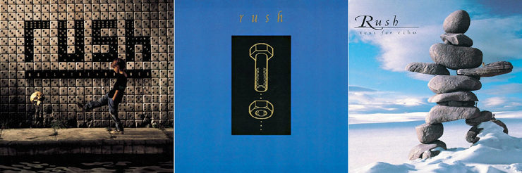 Album Covers for Roll the Bones, Counterparts, and Test for Echo by Rush