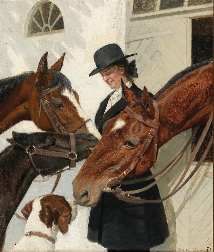 Painting of a woman in riding gear surrounded by three horses and a dog