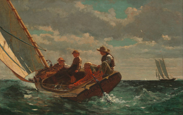 oil painting depicting four men in a small catboat