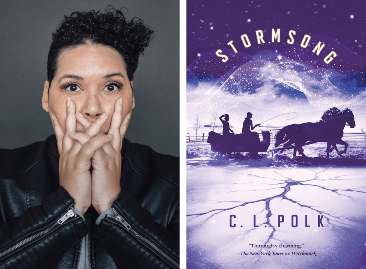 Author C.L. Polk and the cover for Stormsong