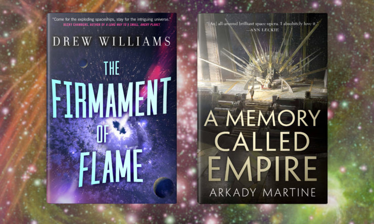 Book covers for The Firmament of Flame and A Memory Called Empire, against a star field background image
