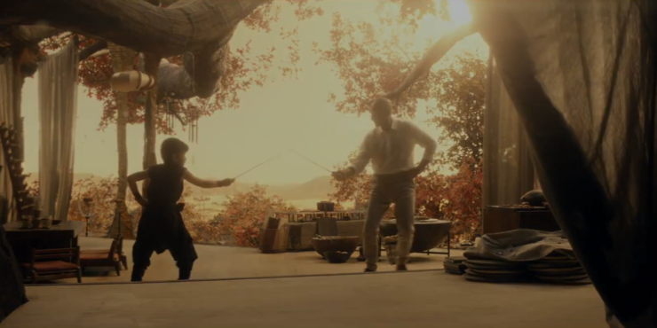 Picard (Patrick Stewart) and young Elnor (Ian Nunney) fencing in Star Trek: Picard
