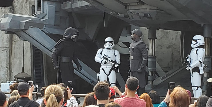 Kylo Ren and other First Order character actors at Galaxy's Edge