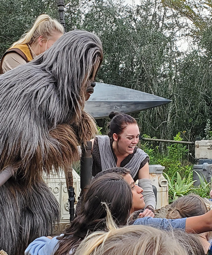 Chewbacca and Rey character actors at Galaxy's Edge