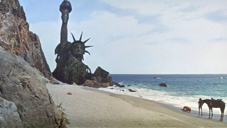 Final scene of The Planet of the Apes, with the Statue of Liberty on the beach