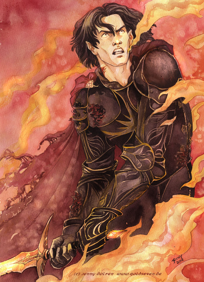 A dark-haired man with a sword crouches wrapped in flame