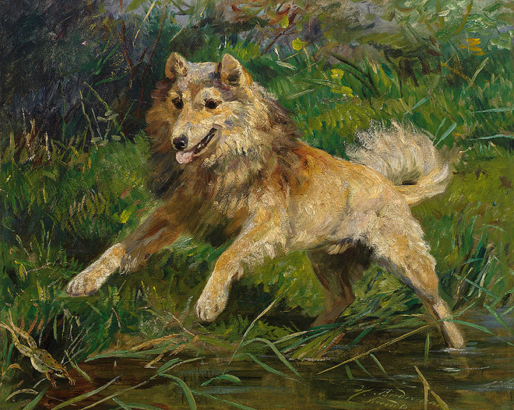 Painting of a collie leaping after a frog