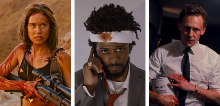 Screenshots from Revenge, Sorry to Bother You, and High Rise