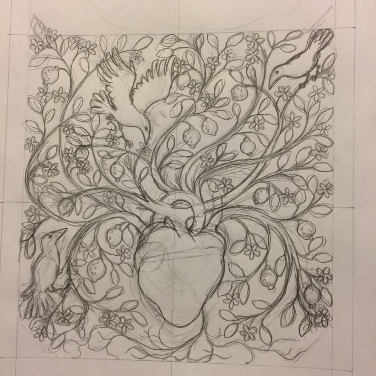 Pencil sketch of a floral and fruit-decorated heart for the cover of Flyaway by Kathleen Jennings