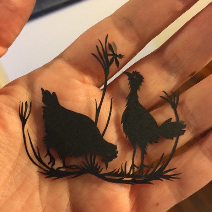 Cutout design of two chickens for Kathleen Jennings' Flyaway