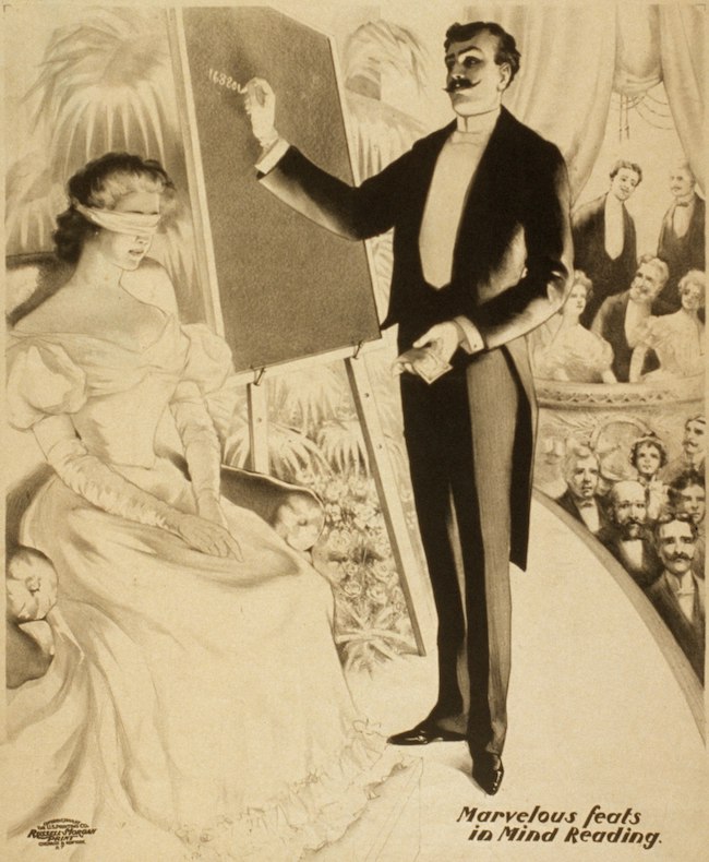 Black & white lithograph depicting a man and woman on stage perfoming "mind reading" trick
