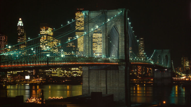 Brooklyn Bridge and Manhattan skyline seen at night