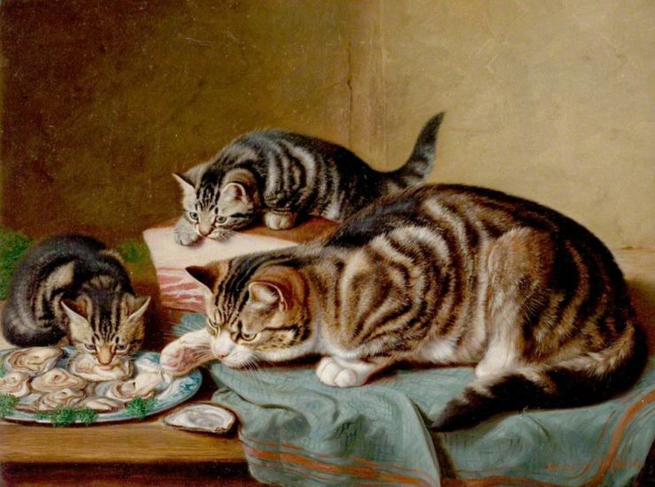 Painting of cats eating from a plate of oysters