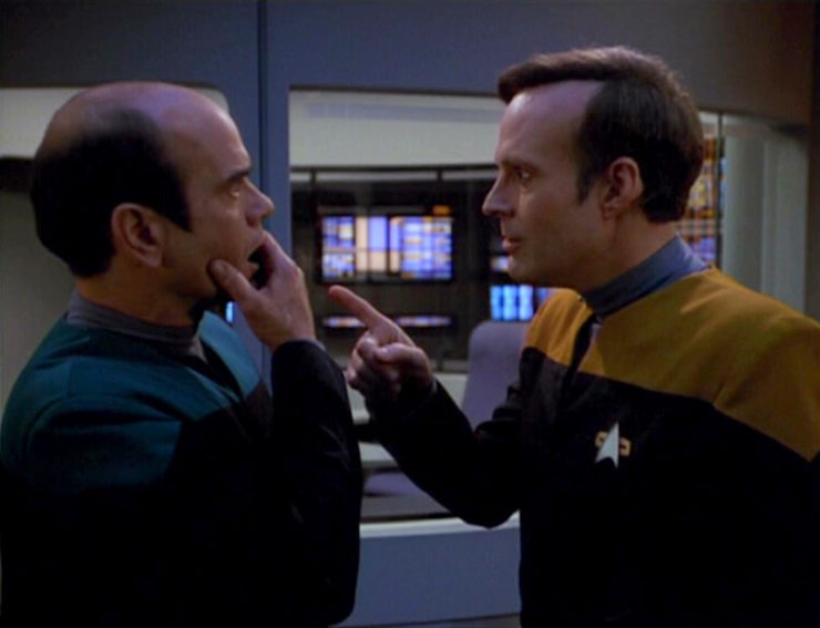 The EMH (Robert Picardo) and Reginald Barclay (Dwight Schultz) in Star Trek: Voyager