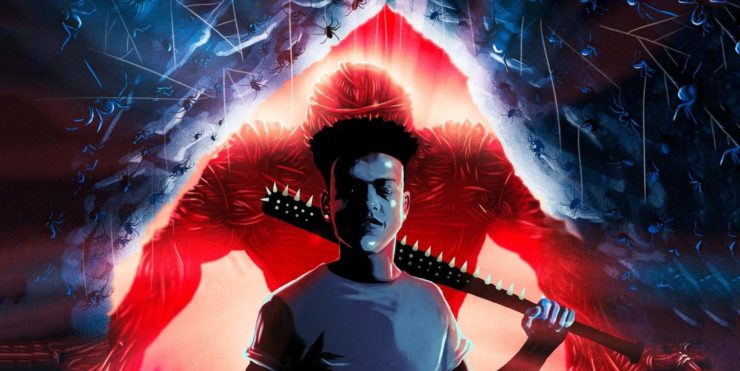 Selection from the cover art for I Come With Knives, depicting a silhouetted character with a spiked baseball bat