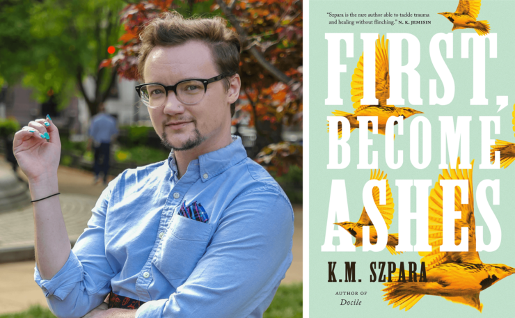 Author KM Szpara and First, Become Ashes book cover