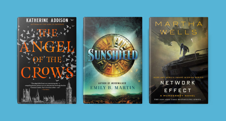 The Angel of the Crows, Sunshield, and Network Effect book covers