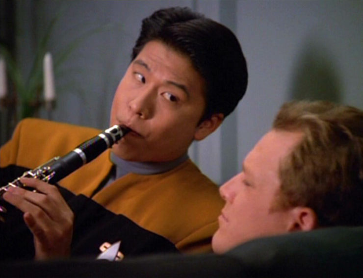 Harry Kim playing the clarinet in Star Trek: Voyager