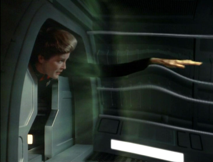 Captain Janeway (Kate Mulgrew) encounters a distortion field in Star Trek: Voyager
