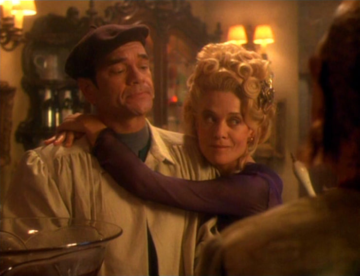 The EMH (Robert Picardo) and Sandrine (Judy Geeson) in Star Trek: Voyager