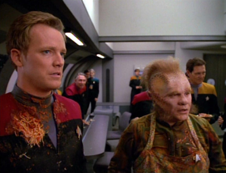 Tom Paris and Neelix after a food fight in Star Trek: Voyager