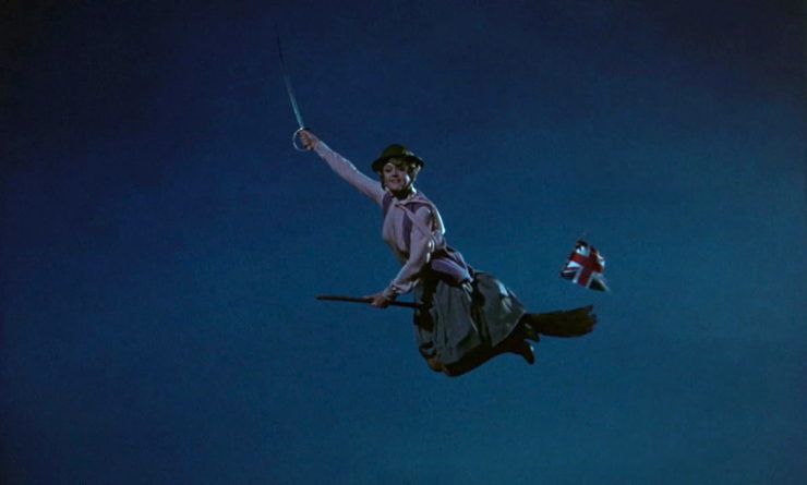 Bedknobs and Broomsticks, Ms Price on broomstick with sword