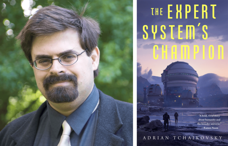 Author Adrian Tchaikovsky and the book cover for The Expert System's Champion