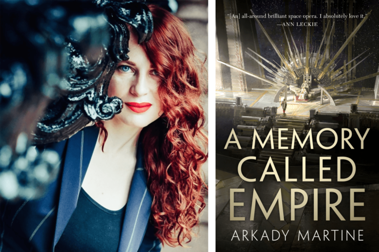 Author Arkady Martine and the book cover for A Memory Called Empire