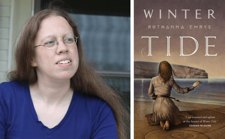 Author Ruthanna Emrys and the book cover of Winter Tide