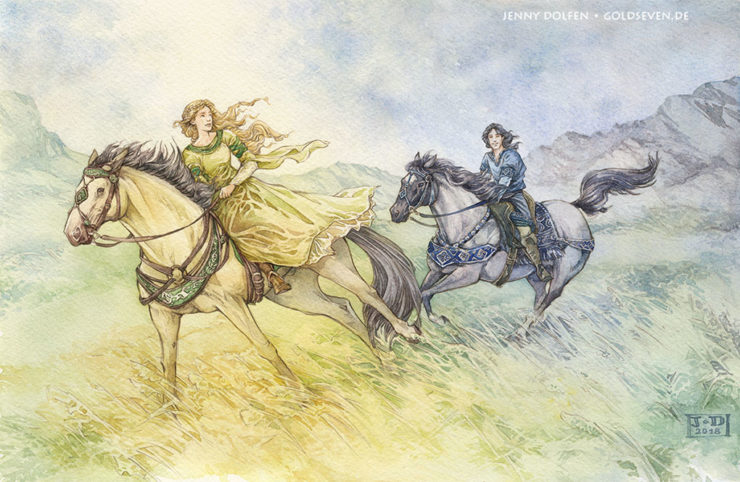 a man and woman ride horses through a field