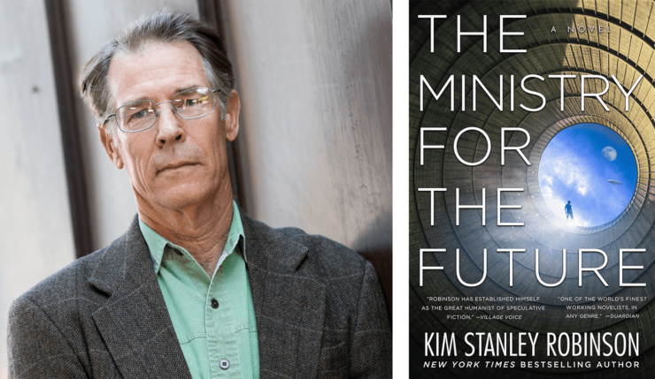 author Kim Stanley Robinson and the book cover for The Ministry for the Future