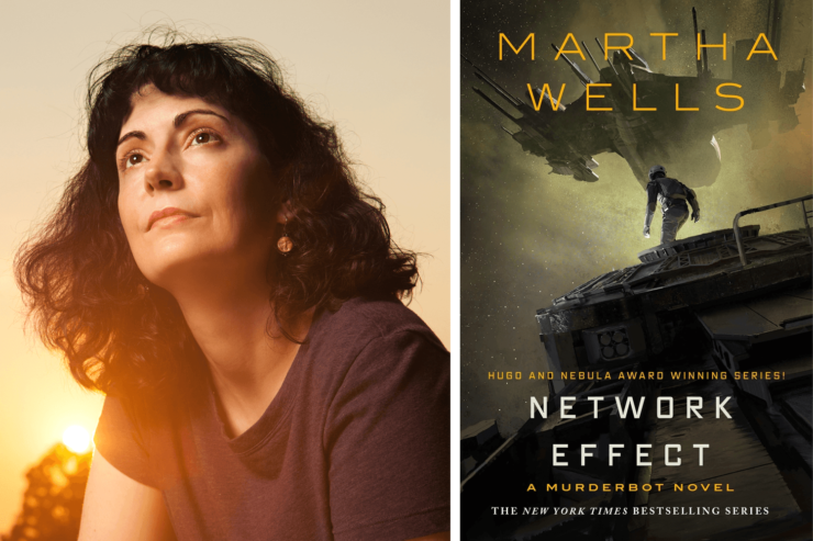 Author Martha Wells and the book cover of Network Effect