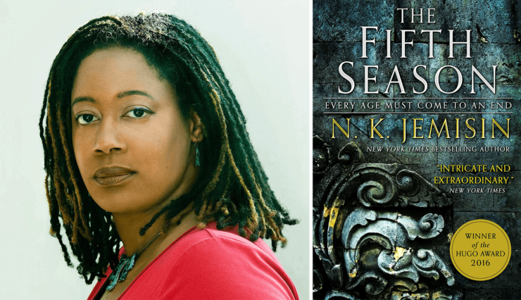 Author NK Jemisin and the book cover for The Fifth Season