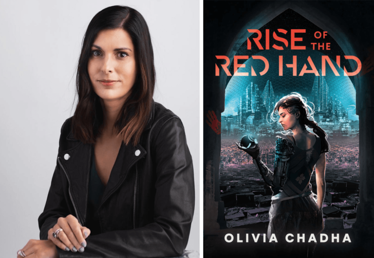 Author Olivia Chadha and the book cover for Rise of the Red Hand