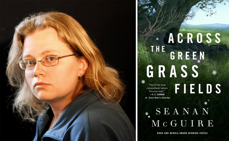Author Seanan McGuire and the cover for Across the Green Grass Fields