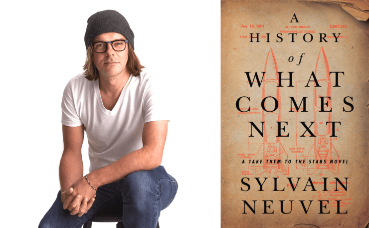 Author Sylvain Neuvel and the book cover for A History of What Comes Next
