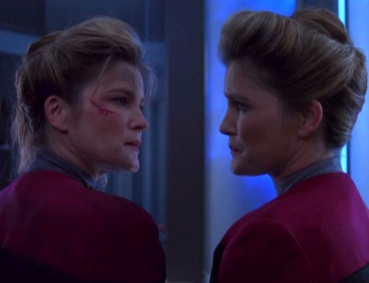 Captain Janeway (Kate Mulgrew) meets herself in Star Trek: Voyager