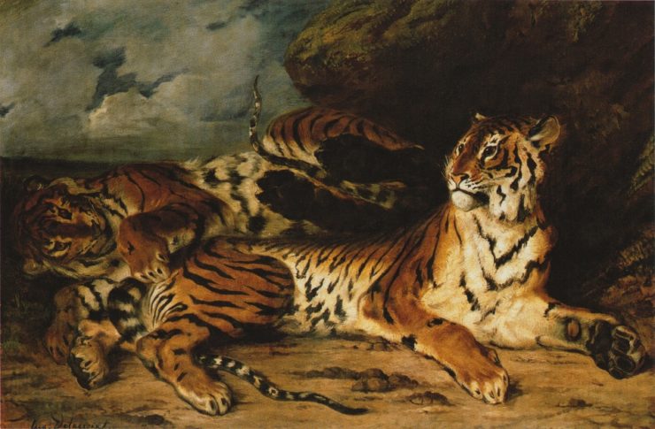 Painting of a young tiger playing with its mother