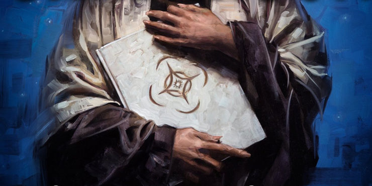 A robed figure holds a large book on the cover of Arcanum Unbounded