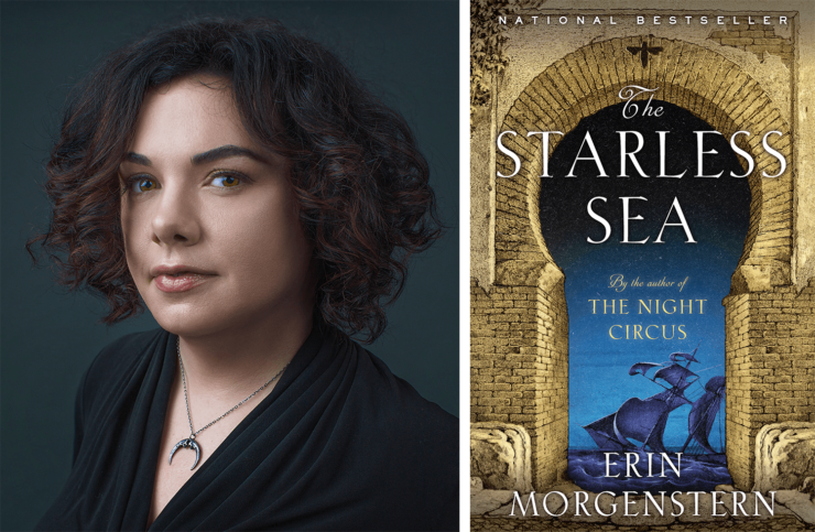 Author Erin Morgenstern and the book cover for The Starless Sea