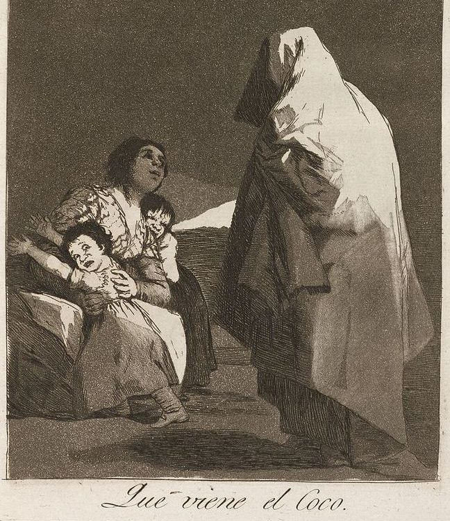 Etching by Francisco Goya depicting a "bogey-man" approaching a woman and two cowering children