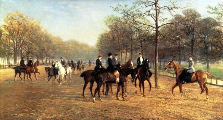 painting of horses and riders at Hyde Park's Rotten Row