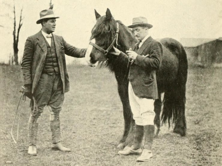 Photograph depicting two men standing with a horse; one man takes the horse's pulse