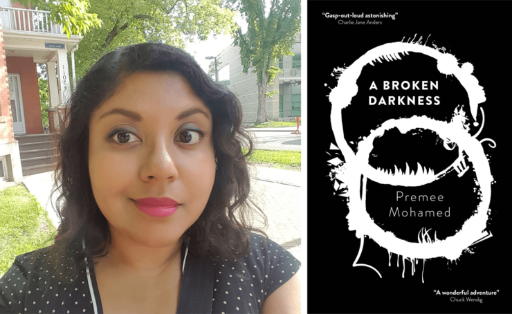 Author Premee Mohamed and the cover of A Broken Darkness