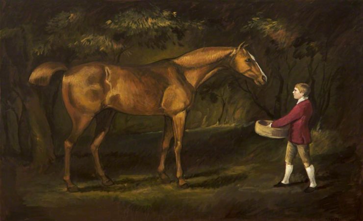 Painting of a horse and a boy holding a basket