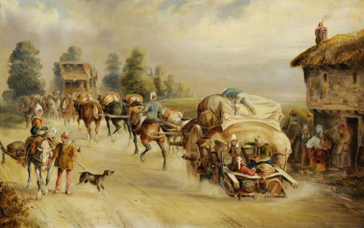 painting of horse-drawn wagons on a road